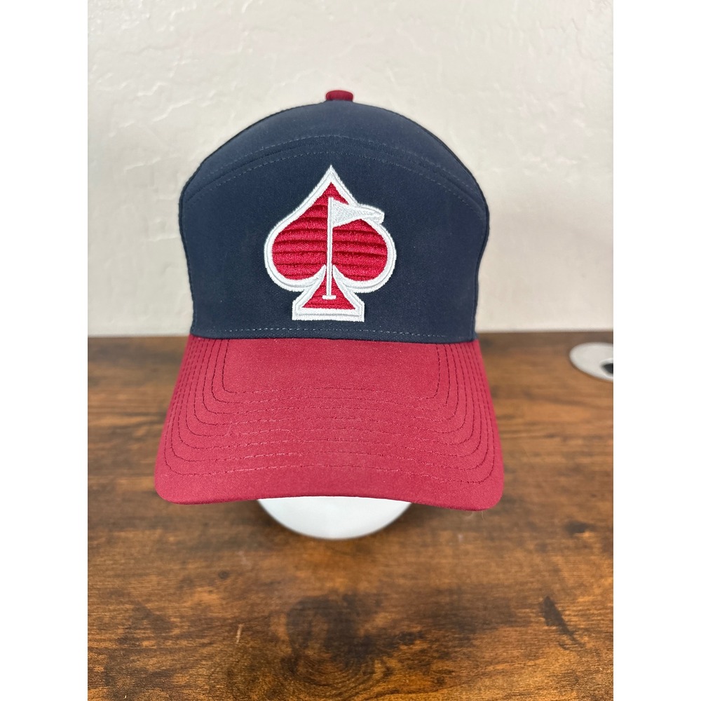 Pins & Aces Golf Hat Navy Blue Burgundy Spade Logo Perforated Snapback Cap